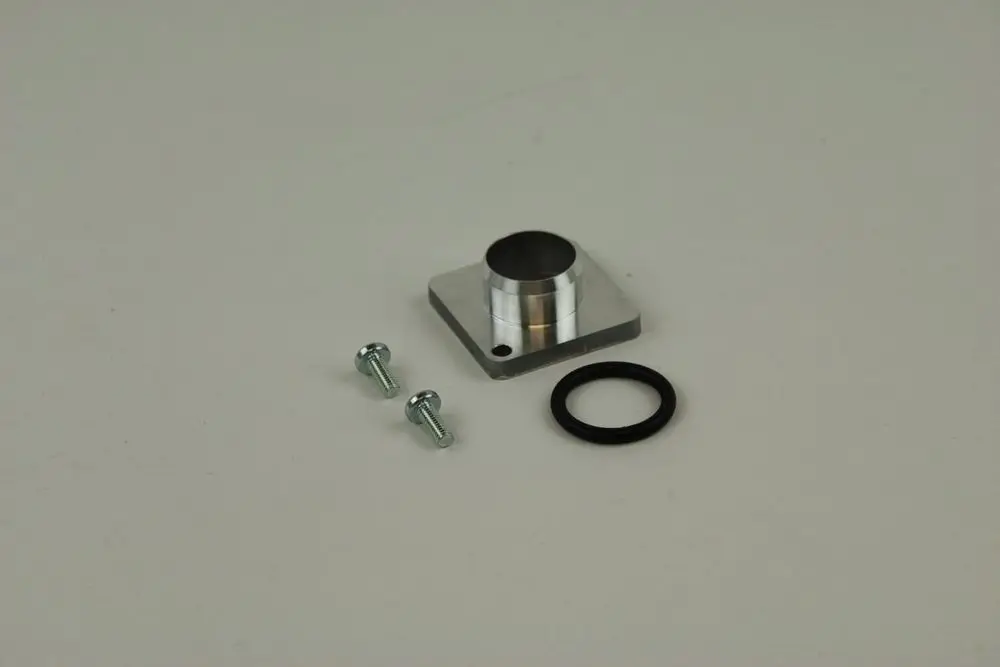 Aluminiumflansch mit O-Ring und zwei Schrauben, geeignet für Bosch-Systeme. Der Flansch hat eine runde Öffnung und eine quadratische Basis.